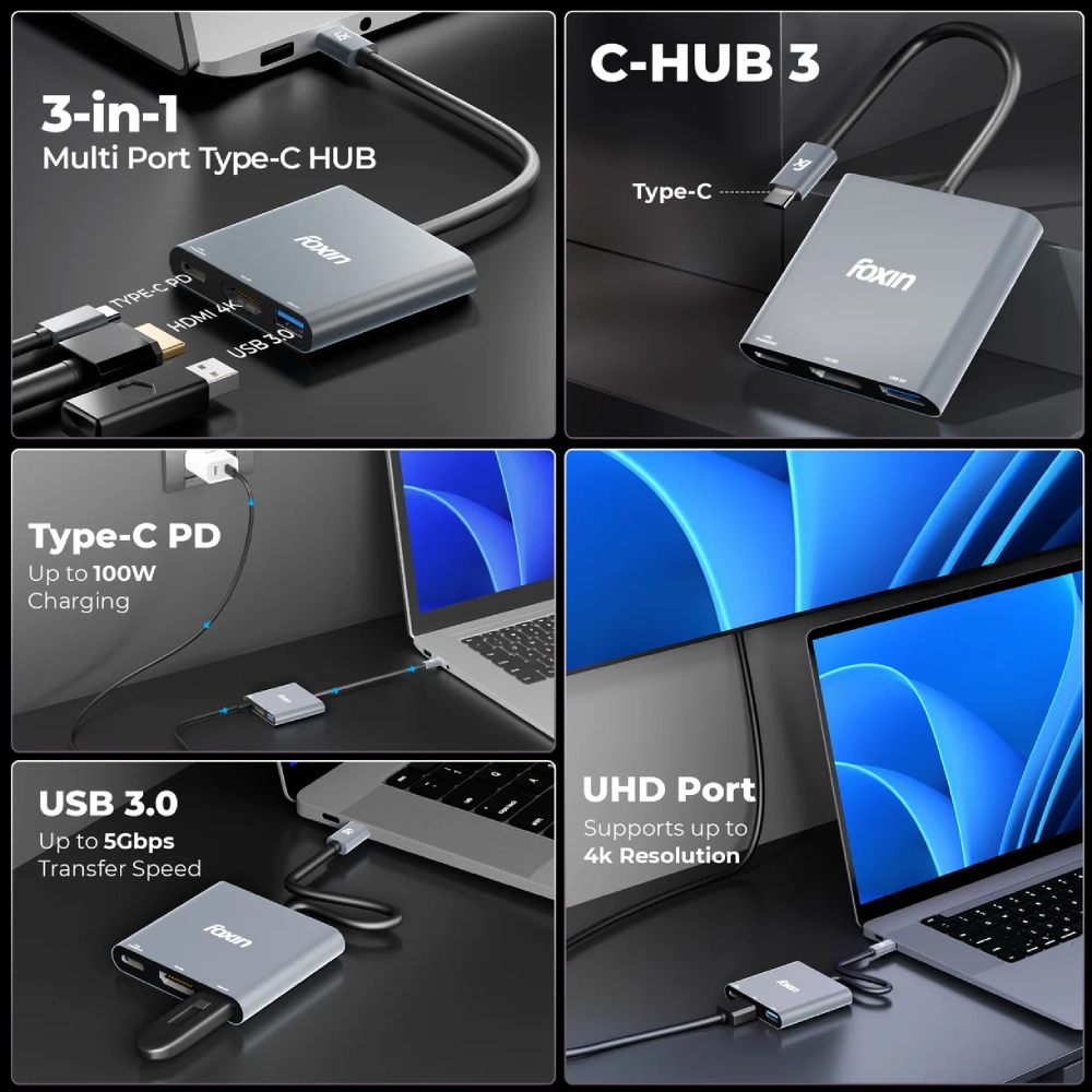 Foxin Type-C Hub 3 in 1 (HDMI | USB 3.0 | PD) C-HUB view 2
